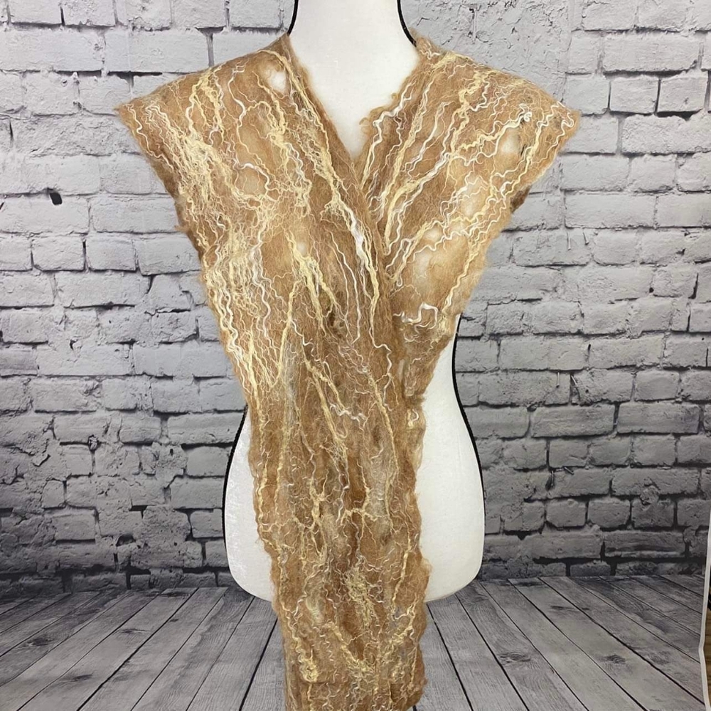 All Natural Alpaca, Silk & Wool Locks Hand Felted Cobweb Scarf/Wrap